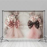 Aperturee - Aperturee Elegant Wedding Photography Backdrop Pink and Brown Bows with Floral Accents Romantic and Chic Studio Prop Decor